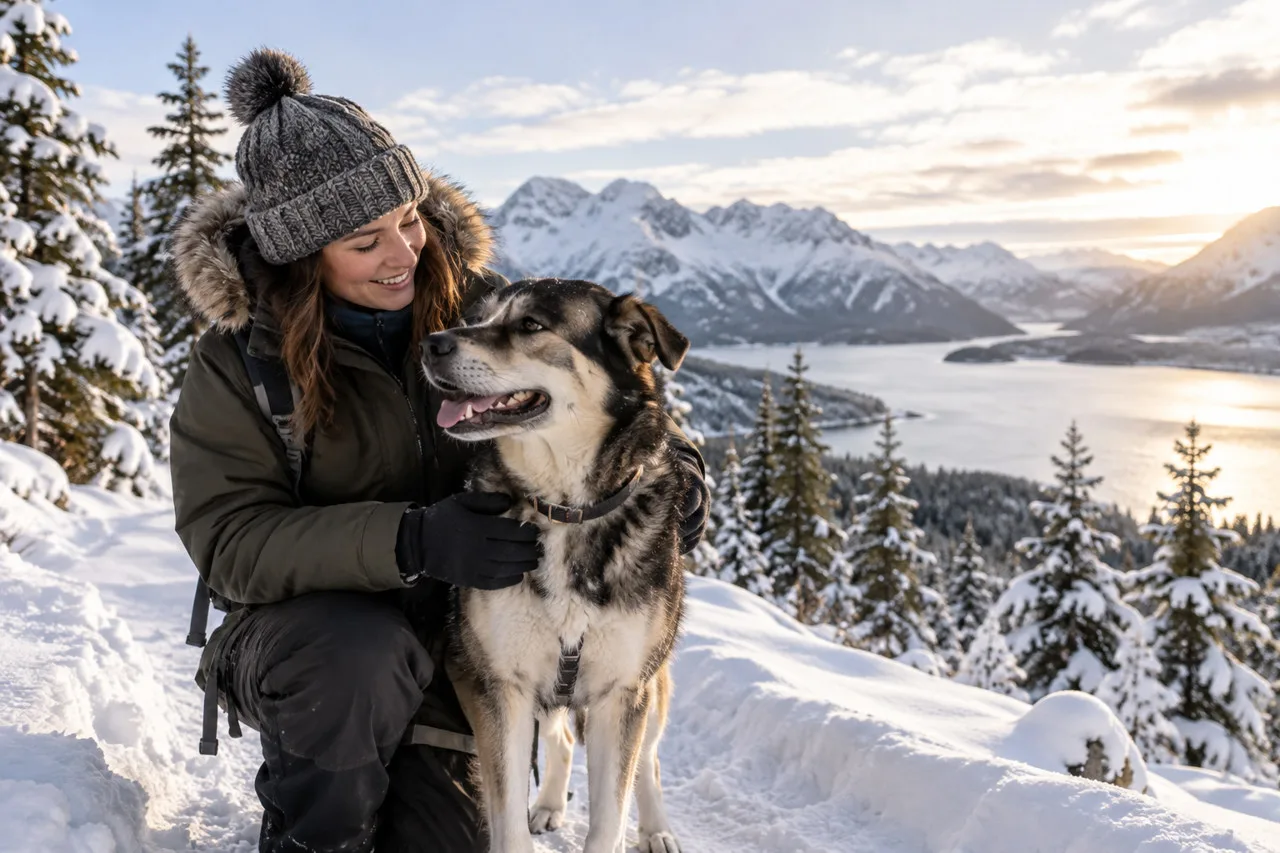 Owner beside a dog on a snowy wooded trail