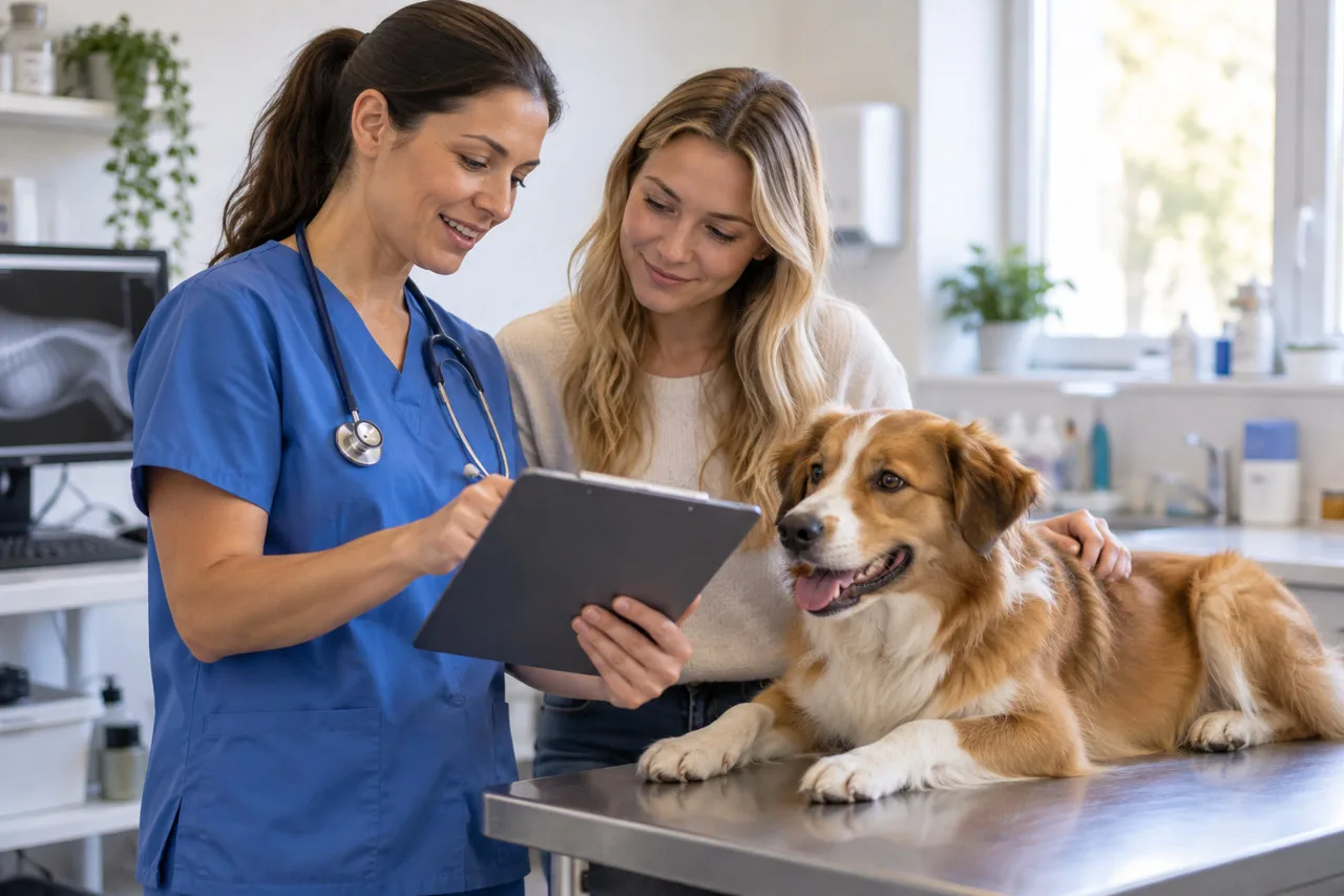 Veterinary team discussing records with a dog owner